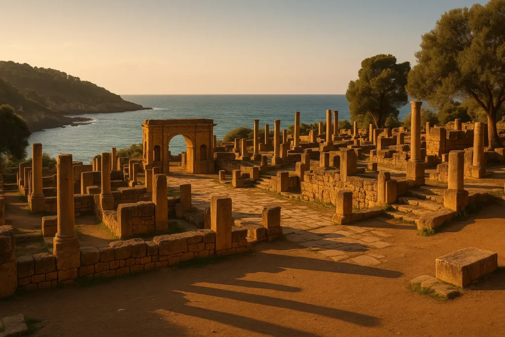 Tipasa, Algeria — panoramic view of ancient Roman ruins near the Mediterranean coast at golden hour, with geometric stone structures and warm natural light.